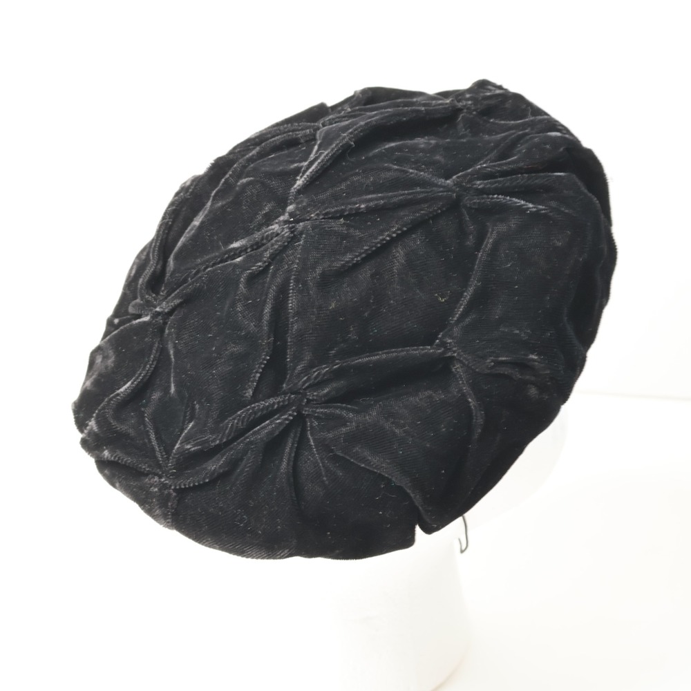 Vintage Black Velvet Pleated Beret Pillbox Hat Elastic Strap MCM Goth Whimsigoth